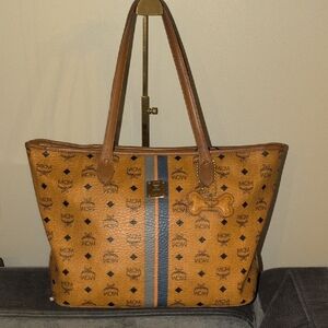 MCM Tan and Blue Logo Tote